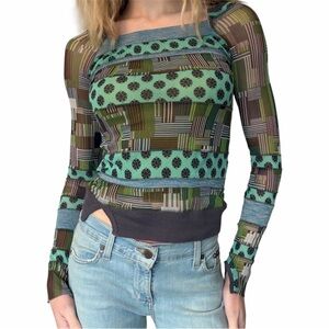 One step French brand mixed-media mesh patchwork long sleeve top